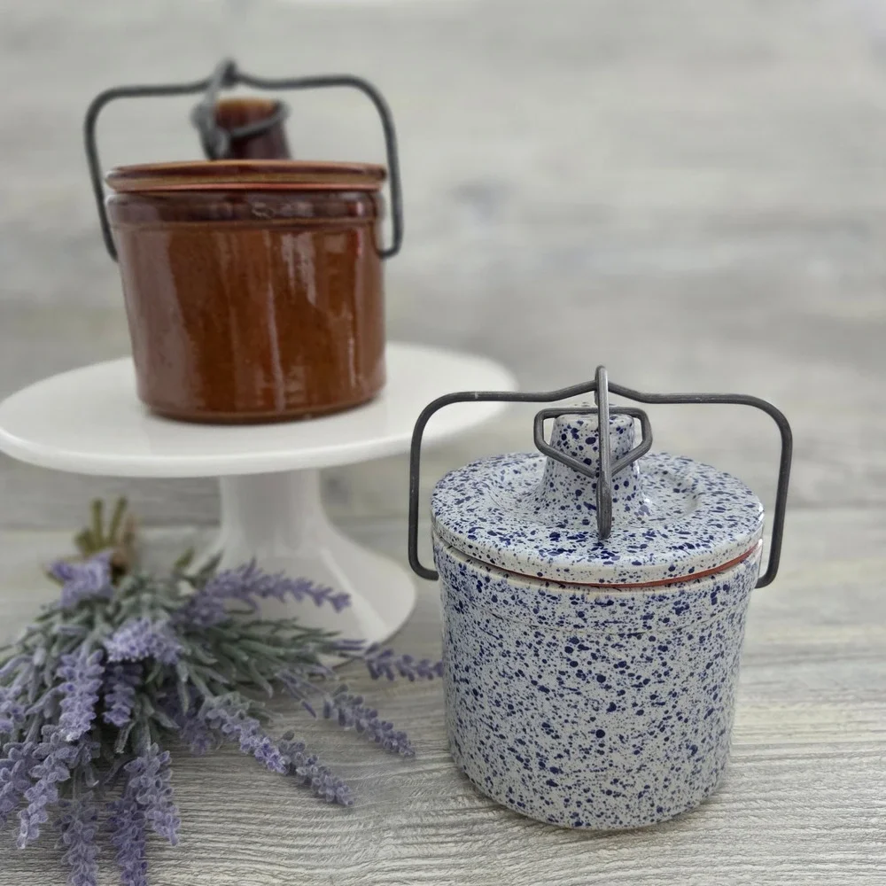 Mini Stoneware Crocks Brown and Blue Spatterware Farmhouse Set of 2